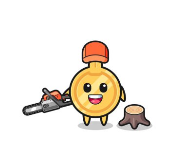 key lumberjack character holding a chainsaw , cute design