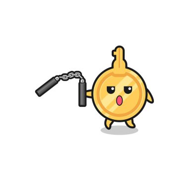cartoon of key using nunchaku , cute design