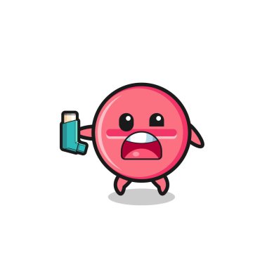 medicine tablet mascot having asthma while holding the inhaler , cute design