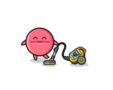 cute medicine tablet holding vacuum cleaner illustration , cute design