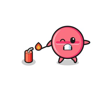 medicine tablet mascot illustration playing firecracker , cute design