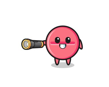 medicine tablet mascot holding flashlight , cute design