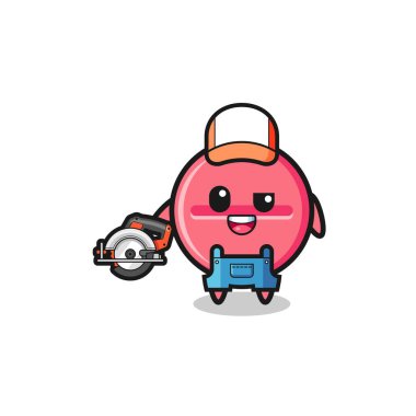 the woodworker medicine tablet mascot holding a circular saw , cute design