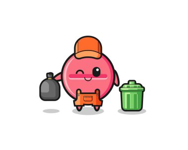 the mascot of cute medicine tablet as garbage collector , cute design