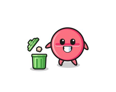 illustration of the medicine tablet throwing garbage in the trash can , cute design