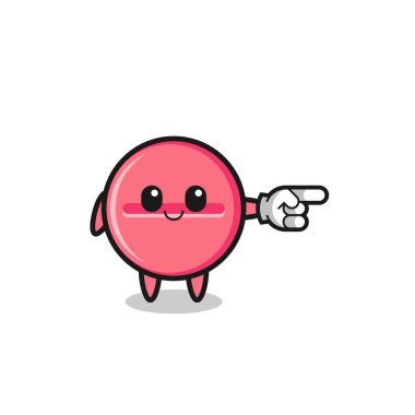 medicine tablet mascot with pointing right gesture , cute design