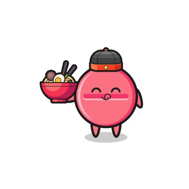 medicine tablet as Chinese chef mascot holding a noodle bowl , cute design