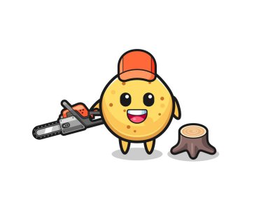 potato chip lumberjack character holding a chainsaw , cute design