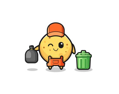 the mascot of cute potato chip as garbage collector , cute design