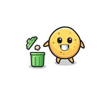 illustration of the potato chip throwing garbage in the trash can , cute design