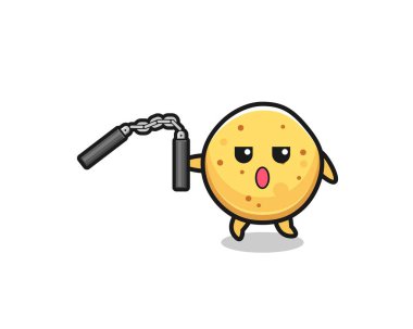 cartoon of potato chip using nunchaku , cute design