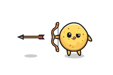 illustration of potato chip character doing archery , cute design