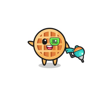 circle waffle cartoon as future warrior mascot , cute design