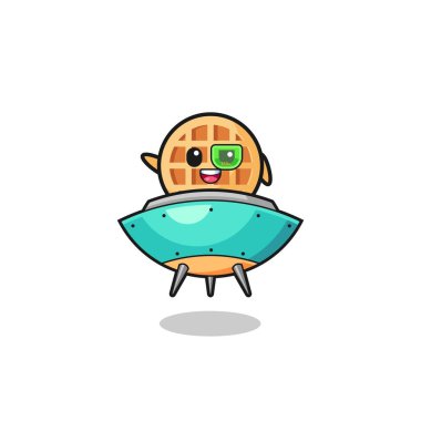 circle waffle cartoon riding a future spaceship , cute design