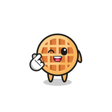 circle waffle character doing Korean finger heart , cute design