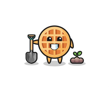 cute circle waffle cartoon is planting a tree seed , cute design