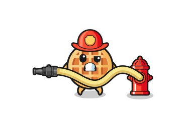 circle waffle cartoon as firefighter mascot with water hose , cute design