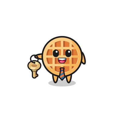 cute circle waffle as a real estate agent mascot , cute design