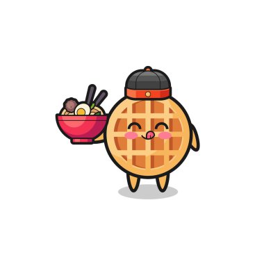 circle waffle as Chinese chef mascot holding a noodle bowl , cute design