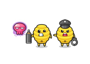 bee hive cartoon doing vandalism and caught by the police , cute design