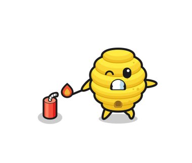 bee hive mascot illustration playing firecracker , cute design