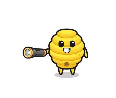 bee hive mascot holding flashlight , cute design