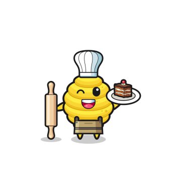 bee hive as pastry chef mascot hold rolling pin , cute design