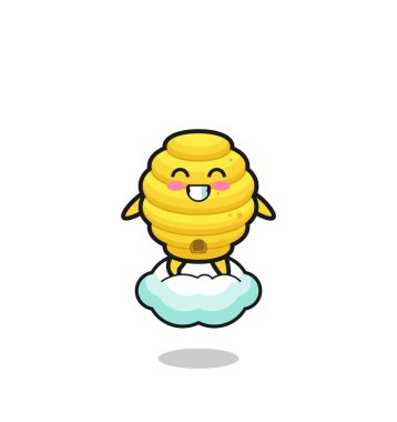 cute bee hive illustration riding a floating cloud , cute design