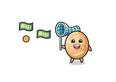 illustration of the french bread catching flying money , cute design