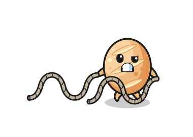 illustration of french bread doing battle rope workout , cute design