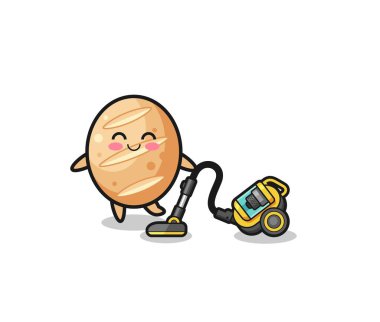 cute french bread holding vacuum cleaner illustration , cute design