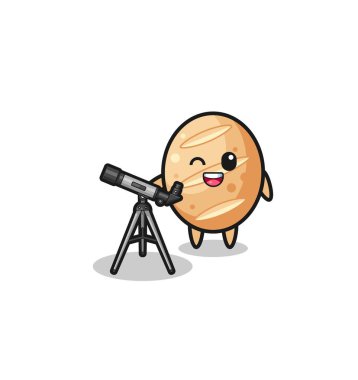 french bread astronomer mascot with a modern telescope , cute design