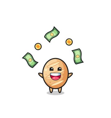 illustration of the french bread catching money falling from the sky , cute design