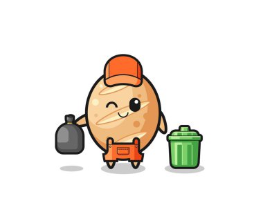 the mascot of cute french bread as garbage collector , cute design