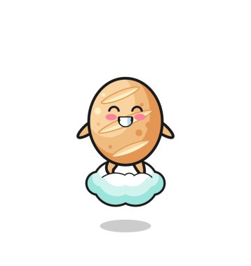cute french bread illustration riding a floating cloud , cute design