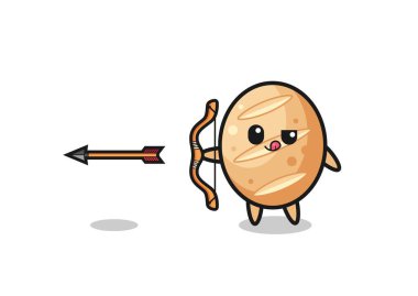 illustration of french bread character doing archery , cute design