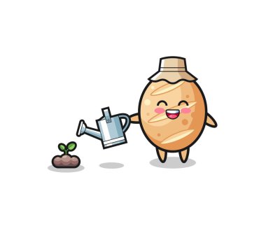 cute french bread is watering plant seeds , cute design