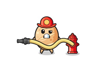 french bread cartoon as firefighter mascot with water hose , cute design