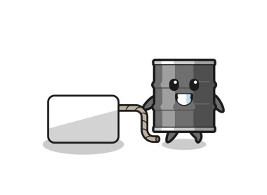 oil drum cartoon is pulling a banner , cute design