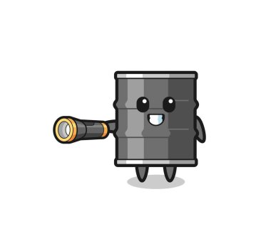 oil drum mascot holding flashlight , cute design