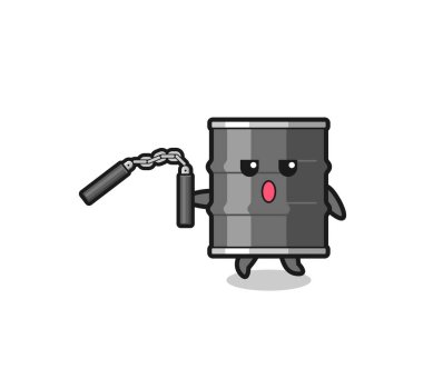 cartoon of oil drum using nunchaku , cute design