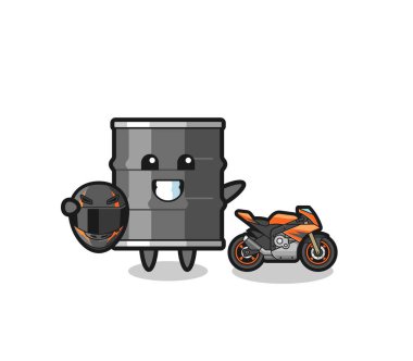 cute oil drum cartoon as a motorcycle racer , cute design