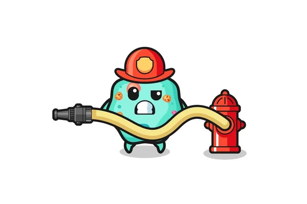 amoeba cartoon as firefighter mascot with water hose , cute design