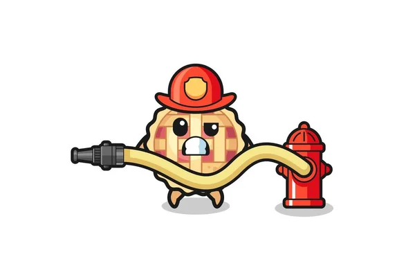 Apple Pie Cartoon Firefighter Mascot Water Hose Cute Design — Vettoriale Stock