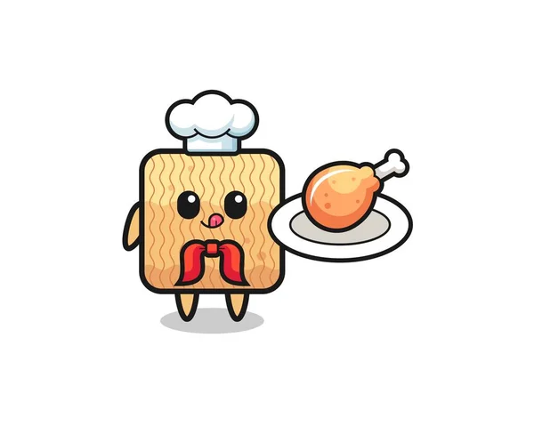 Raw Instant Noodle Fried Chicken Chef Cartoon Character Cute Design — Stockvektor