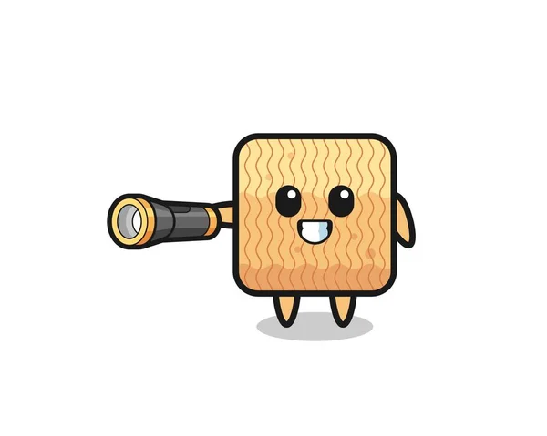 Raw Instant Noodle Mascot Holding Flashlight Cute Design — Archivo Imágenes Vectoriales