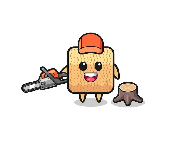 Raw Instant Noodle Lumberjack Character Holding Chainsaw Cute Design — Image vectorielle