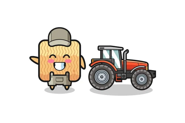 Raw Instant Noodle Farmer Mascot Standing Tractor Cute Design — ストックベクタ
