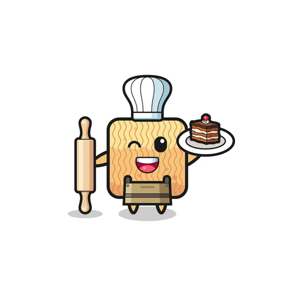 Raw Instant Noodle Pastry Chef Mascot Hold Rolling Pin Cute — стоковый вектор