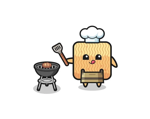 Chef Barbacoa Fideos Instantáneos Crudos Con Una Parrilla Lindo Diseño — Vector de stock